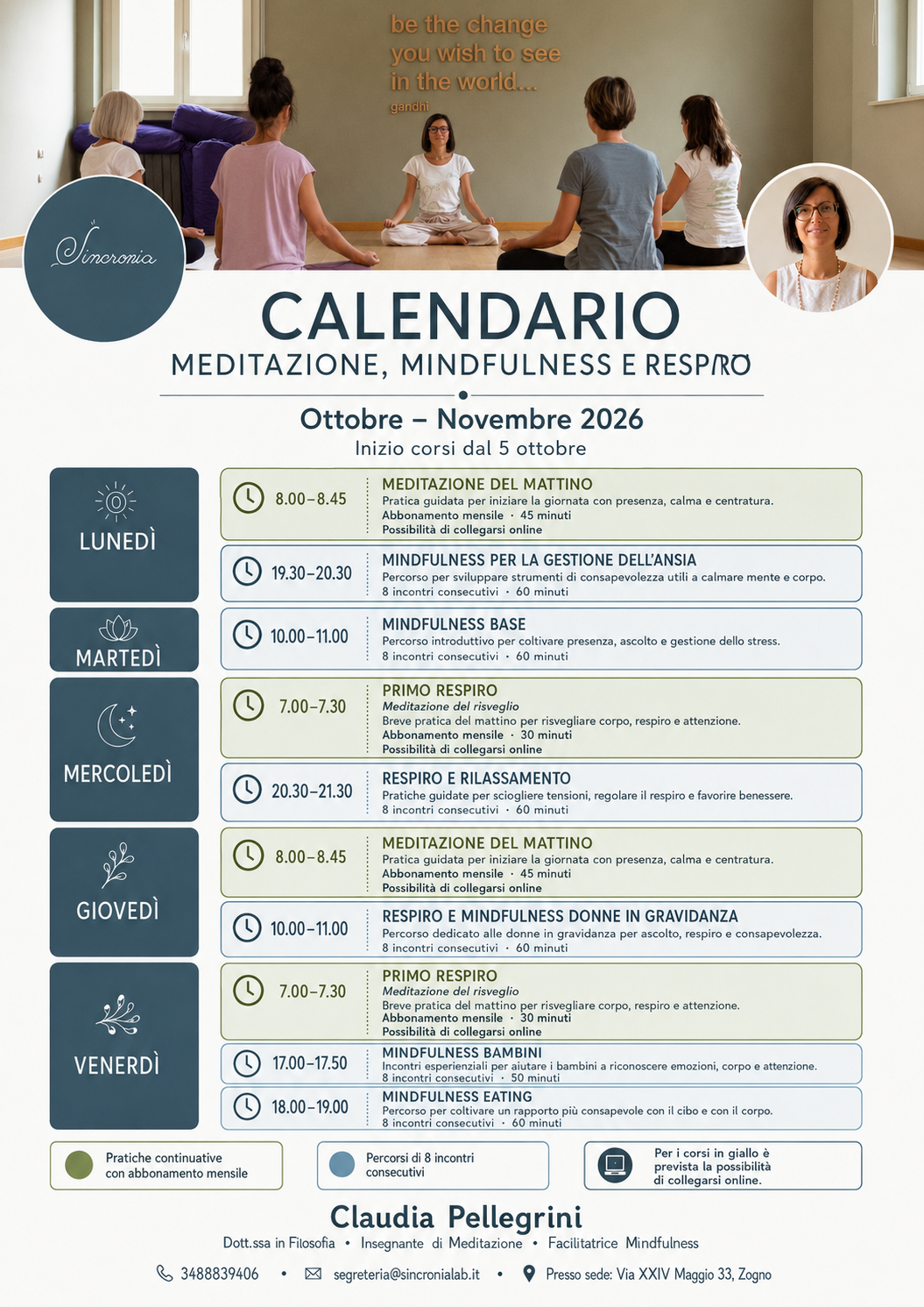 Calendario dei corsi di meditazione, mindfulness e respiro di ottobre e novembre 2026